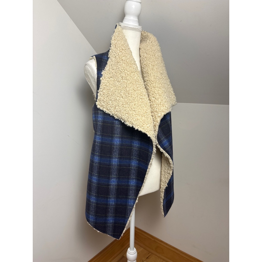 RUY Blue Black Plaid Faux Fur Sherpa Lined Wool Blend Vest O/S NWT